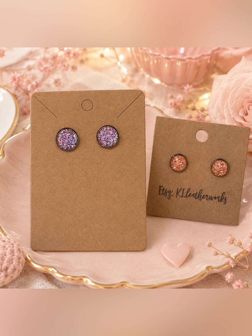 ✨ 2-Pair Druzy Sparkle Stud Earring Set – Purple & Peach